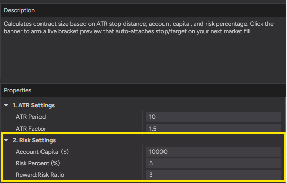ATR Position Calculator — live HUD panel on chart